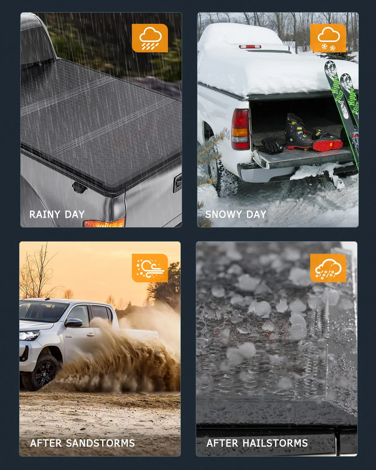Four panels showing a hard folding tonneau cover in rain, snow, a sandstorm and after hail